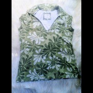 Sonoma Women's V-Neck Green White Cotton Floral Leaf Short Sleeve Top Sz M